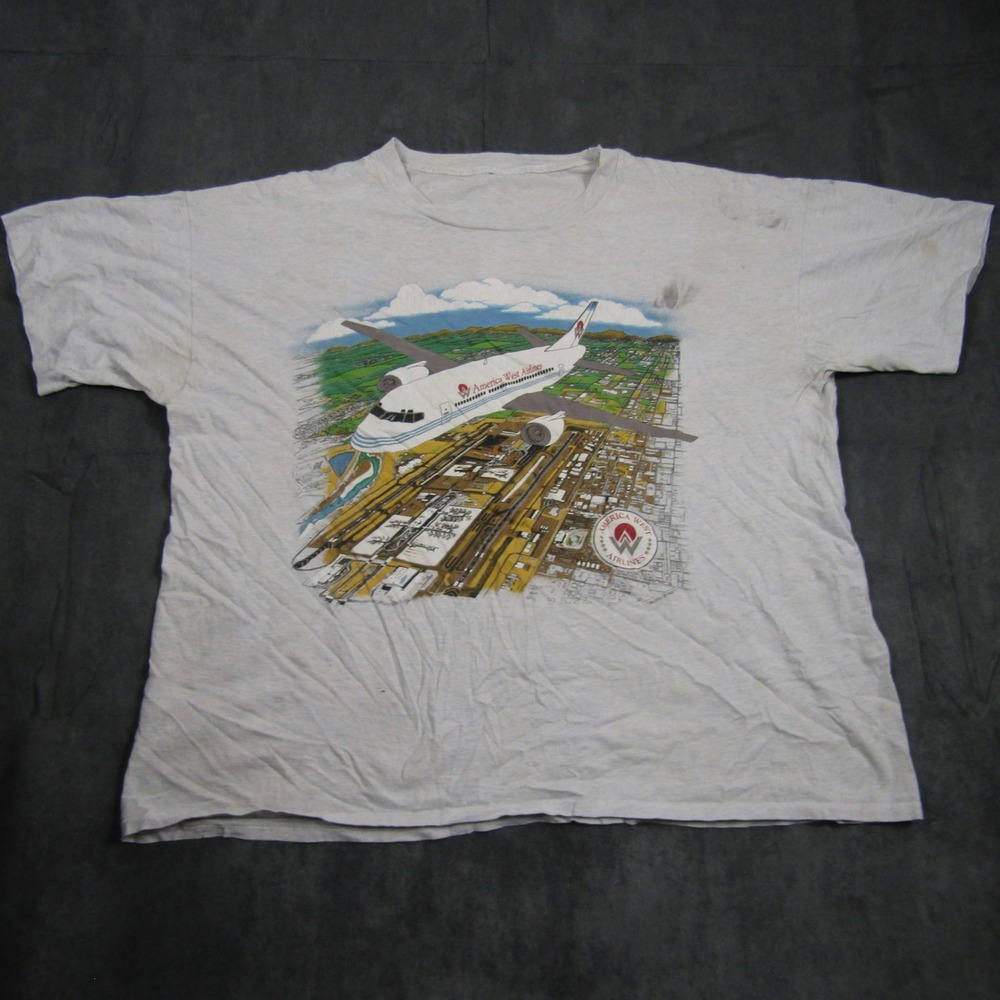Vintage America West Airlines T Shirt Mens XL Grey 1993 Graphic Plane Buffalo
